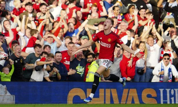 Manchester United's Scott McTominay celebrates scoring his side's second goal against Brentford on Saturday. Image: PA