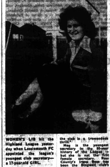 1975 newspaper clipping from The Press and Journal featuring the story of Lossiemouth FC appointing its youngest secretary to date - 17-year-old Margaret Wilson.