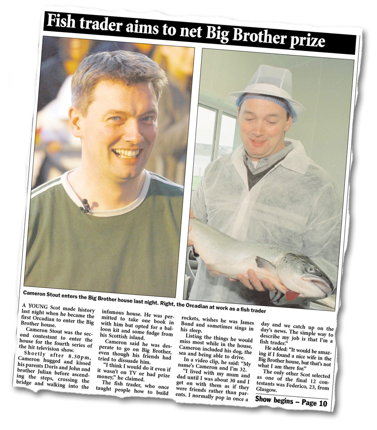 How we reported Cameron going into the Big Brother house in May 2003. Image: Michael McCosh/DC Thomson.