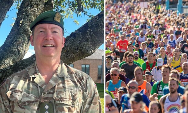 A split screen picture with Captain Paul Brown inn uniform on the left and a crowd scene from the London Marathon on the right.