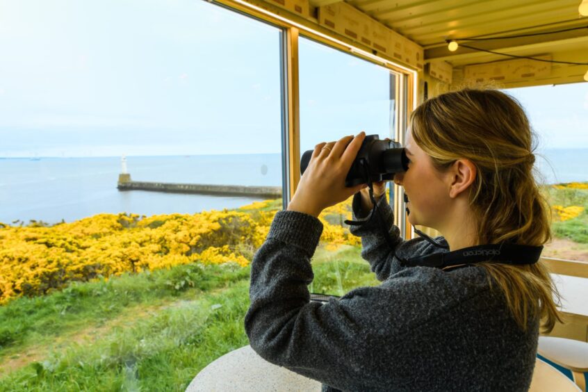 a girl looks through a pair of binoculars to look out over Greyhope Bay in Aberdeen