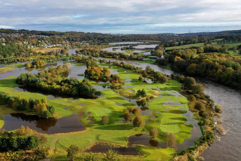 An overhead view of the flooding at Deeside Golf Course