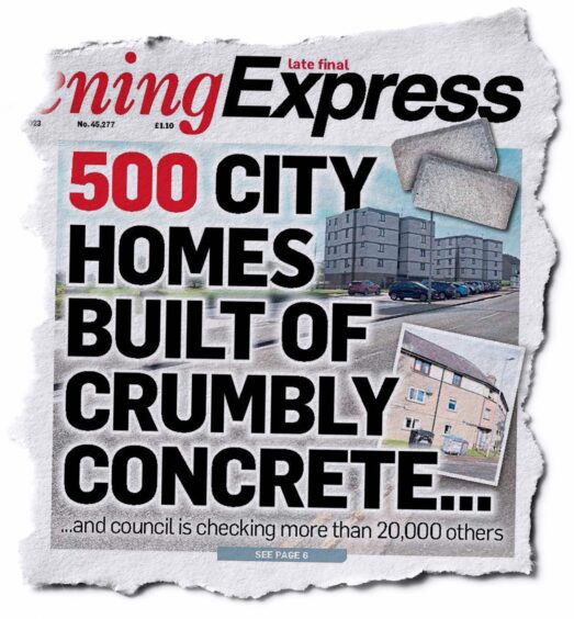 The front page of the Evening Express highlighting the Aberdeen council homes found to have RAAC concrete.