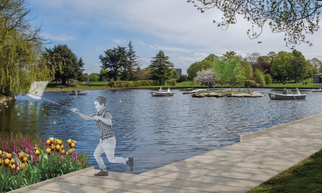 Artist impression of Cooper Park pond looking towards Grant Lodge with boats in water and boy playing with kite. 
