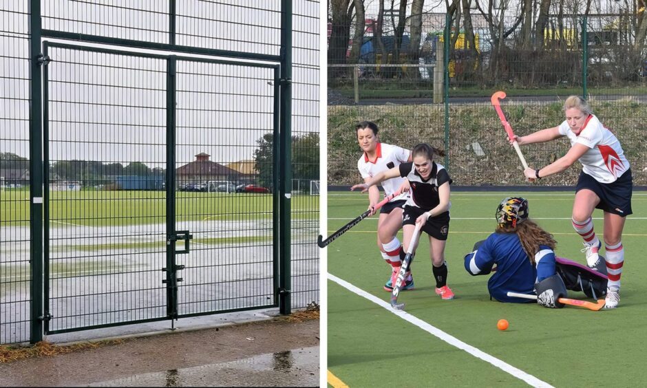 A closed gate on a rain-soaked 2G pitch at The Meadows combined with a picture of Ellon Hockey Club members playing a game.