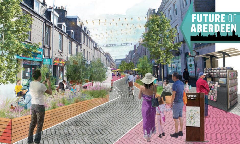 George Street in Technicolor: A colourful revamp of the Aberdeen road - complete with a bike lane and bus-only carriageway - has been unveiled. Image: Aberdeen City Council