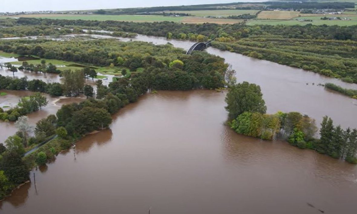 Drone photo of flooding from River Spey at Garmouth viaduct. 