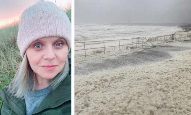 Headhsot of Lindsay Bruce and her image of sea foam at Aberdeen beach