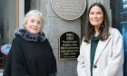 Broadcasters Jane Franchi and Rebecca Curran unveil the special Aberdeen City Council plaque commemorating the site of the first BBC studios in Aberdeen as part of the BBC in Scotland's centenary year. Image: BBC Scotland
