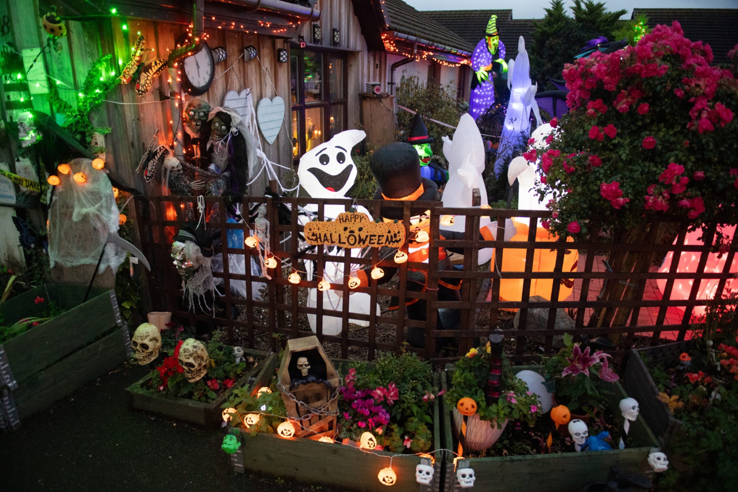 View of front garden with sign saying Happy Halloween. 