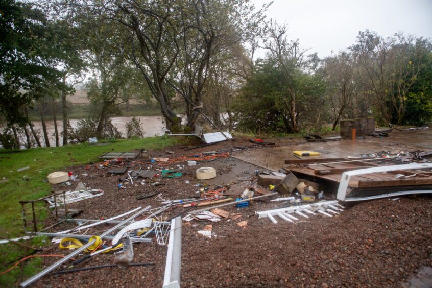 Equipment and debris strewn across Dovecot Caravan Park in Laurencekirk amid the storm.