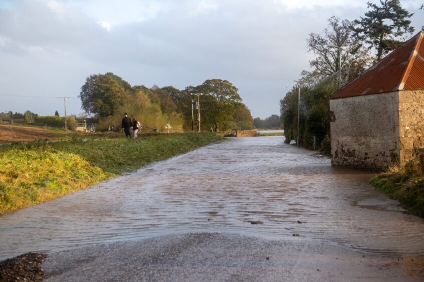 Flooding on A937 at Marykirk during Storm Babet