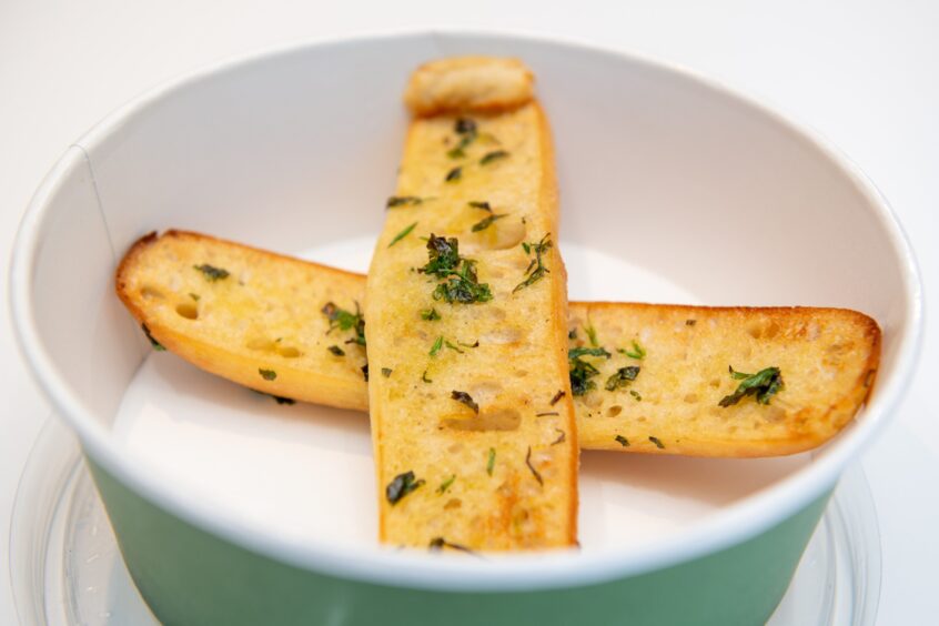 Close up of the garlic ciabatta sticks at the M&S cafe in Aberdeen.