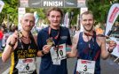 Men’s Baxters Loch Ness Marathon winner Moray Pryde, centre, with runner-up Tom Charles, left, and Shaun Cumming, who finished third. Image: Jasperimage