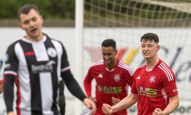 Henry Jordan, right, celebrates scoring for Lossiemouth against Wick Academy. Pictures by Jasperimage