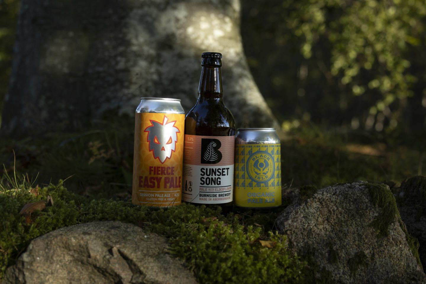 Three Scottish Pale Ales - A can of Fierce easy pale, a bottle of Burnside Brewery Sunset Song and a can of Black Isle organic pale ale