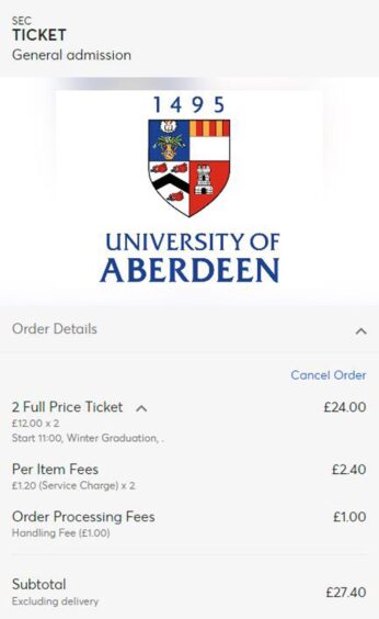 Screenshot of Aberdeen University graduation ticket order