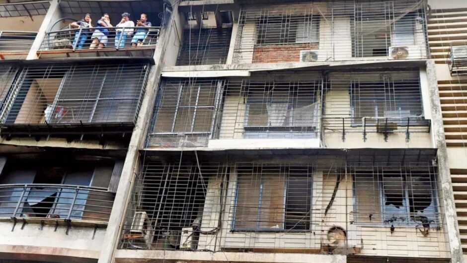 View of the fire-ravaged Veena Santoor building in Mumbai, where Glory Valthaty and Joshua Roberts died.