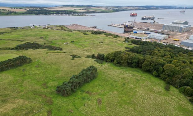 Aerial view of land next to Nigg Energy Park.