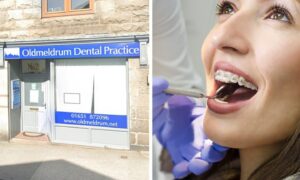 A picture of the front of Oldmeldrum Dental Practice combined with a picture of a woman being examined by a dentist.