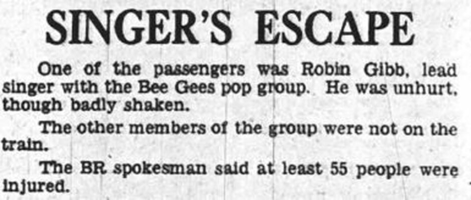 1967 Press and Journal newspaper clipping of article covering how Bee Gees' Robin Gibb survived the Hither Green train crash.