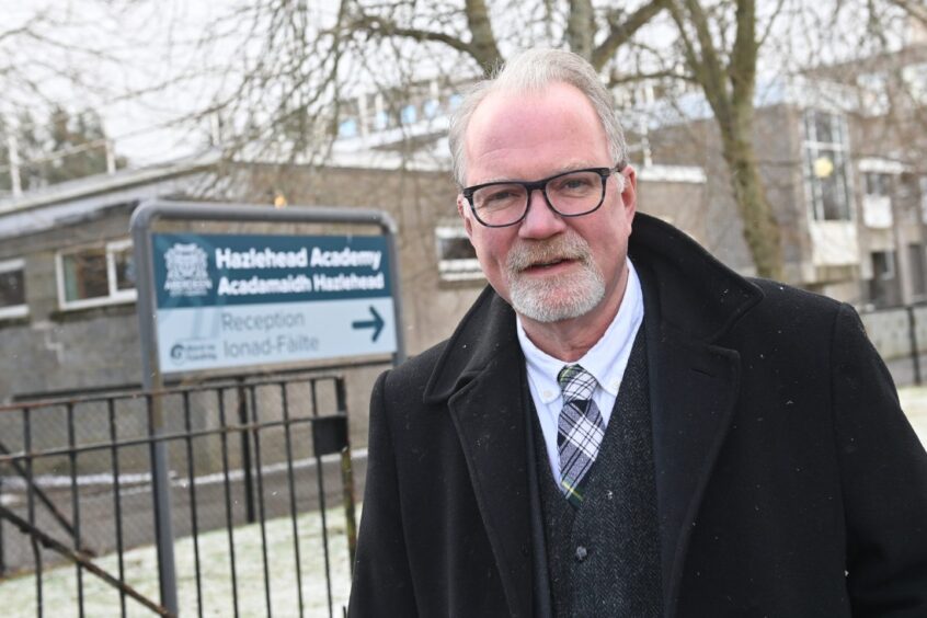 Councillor John Cooke outside Hazlehead Academy