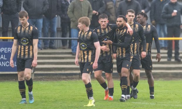 Huntly celebrate after scoring against Forfar in this season's Scottish Cup. Image: Jasperimage.