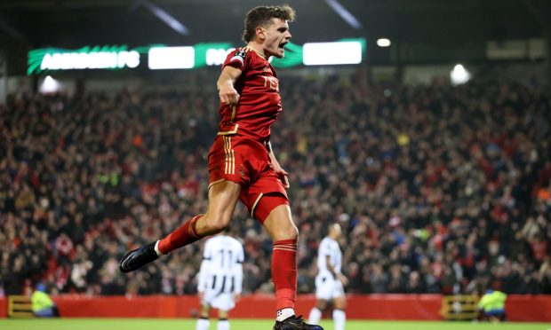 Aberdeen's Dante Polvara celebrates scoring his side's second goal against PAOK during the UEFA Europa Conference League Group G match at Pittodrie Stadium, Aberdeen. Image: PA.