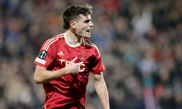 Aberdeen's Dante Polvara celebrates scoring against PAOK in the UEFA Europa Conference League at Pittodrie. Image: PA