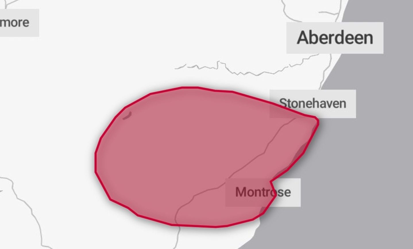 Map showing area across Aberdeenshire that the Met Office has extended the red warning for during Storm Babet.