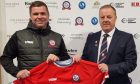 New Turriff United manager Warren Cummings, left, with Turriff chairman Gairn Ritchie. Picture courtesy of Turriff United FC