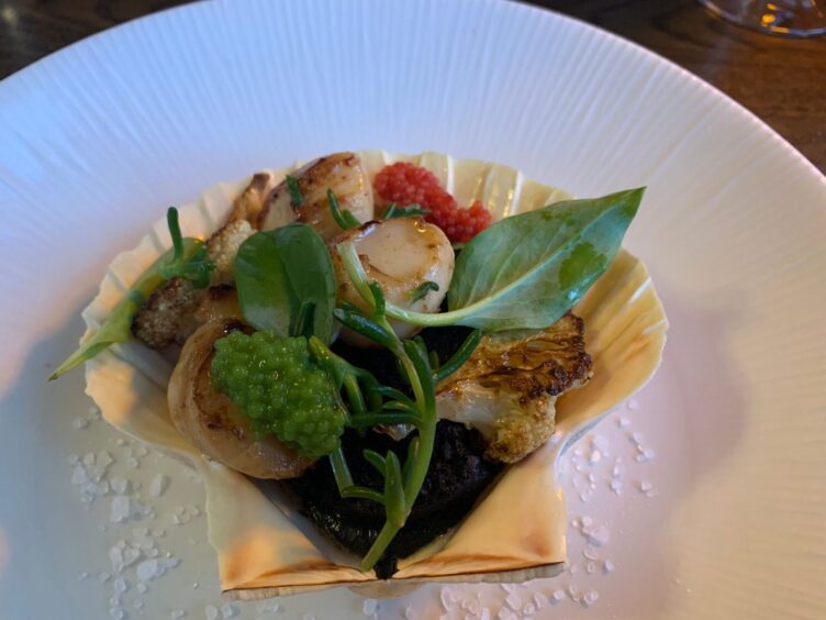 Scallops and Stornoway black pudding, served with pickled apples, cauliflower and squid ink puree, wasabi and red caviars, salty finger sea vegetables and oyster leaf. Image: Alastair Gossip/DC Thomson