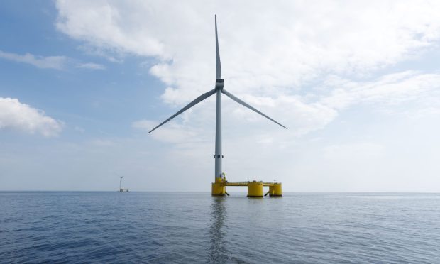 A floating offshore wind turbine in the North Sea, similar to how the Peterhead windfarm could look