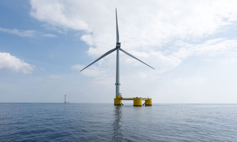 A floating offshore wind turbine in the North Sea. 