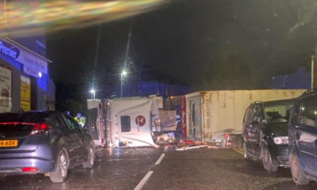 The lorry overturned on the junction of Culloden Road and the A92 Montrose Road, Arbroath. Image: Angus Roads Information