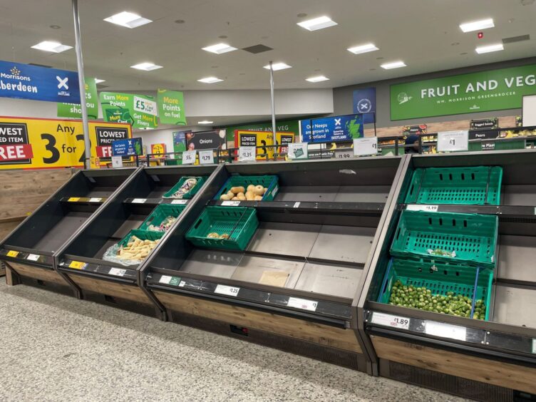 Bare fruit and veg aisle at Morrisons in Aberdeen due to fresh produce shortage caused by Storm Babet.