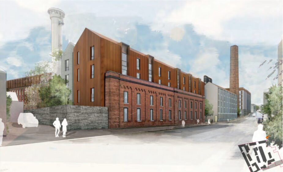 Later plans showed the housing redevelopment of Broadford Works in Aberdeen in more detail. But it's back to the drawing board for the beleaguered landmark now. Image: InHabit/Aberdeen City Council