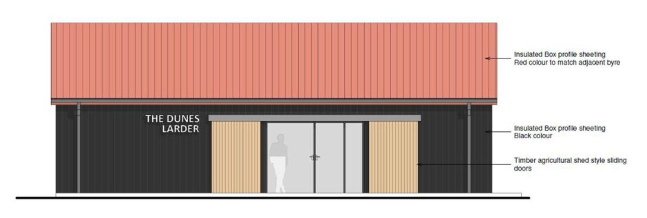 An architectural mock-up of a long, low building with black walls, a red roof, and a large glass sliding door.