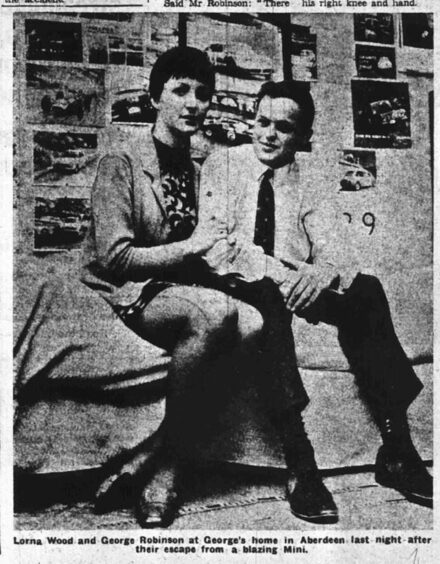 Image printed in P&J newspaper in 1967 showing Lorna Wood and George Robinson at George's home in Aberdeen after escaping a car fire near Pitcow Farm, Whiterashes.