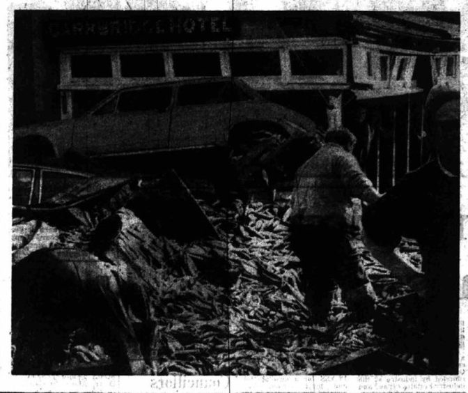 Image printed in The Press and Journal in 1975 showing the aftermath of when a fish lorry crashed into the Carrbridge Hotel, near Aviemore.