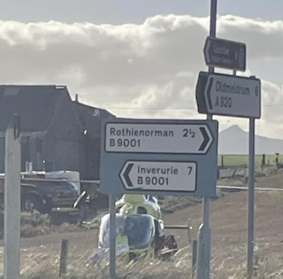 An air ambulance was seen landing close to the scene, near Inverurie.