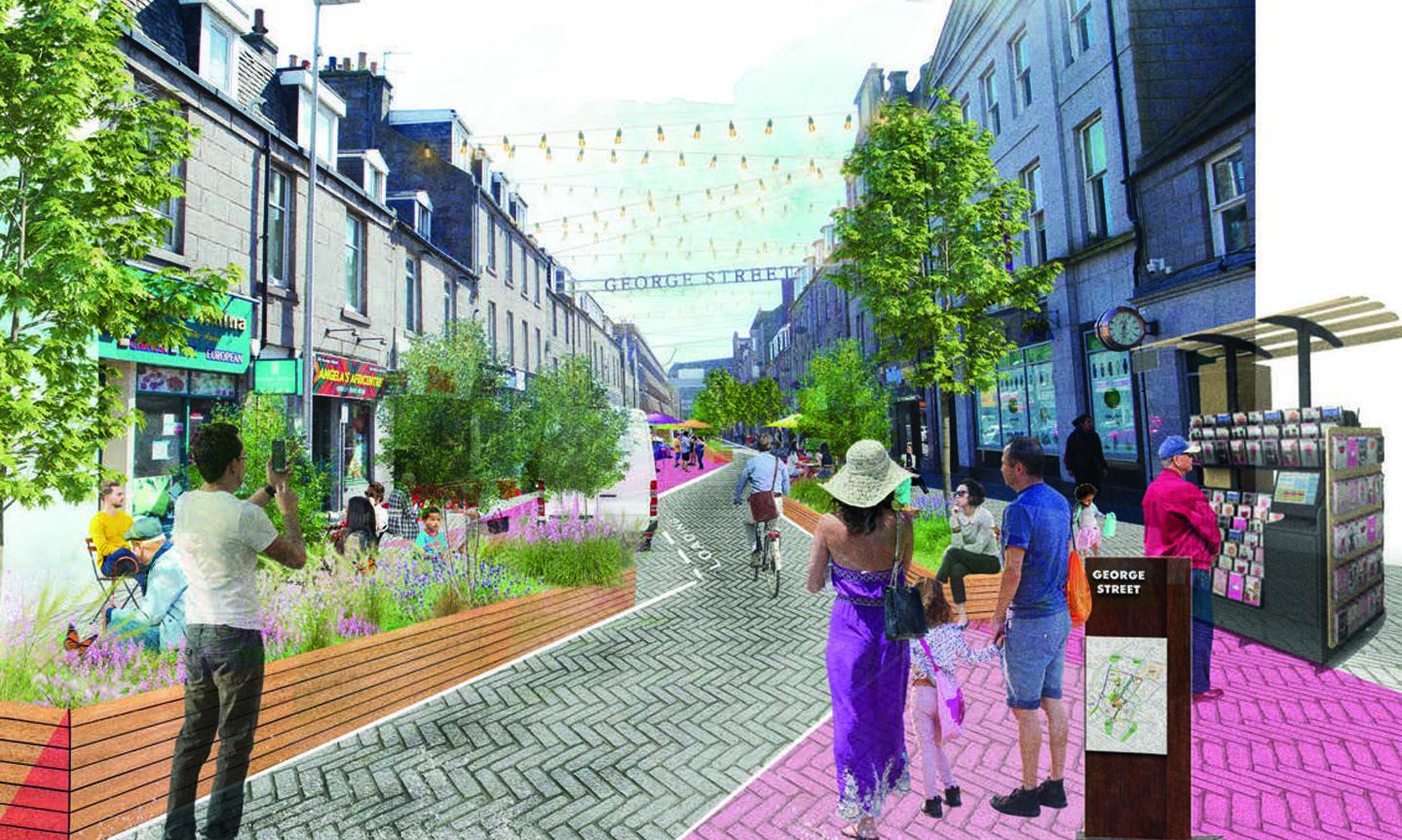 George Street in Technicolor: A colourful revamp of the Aberdeen road - complete with a bike lane and bus-only carriageway - has been unveiled. Image: Aberdeen City Council