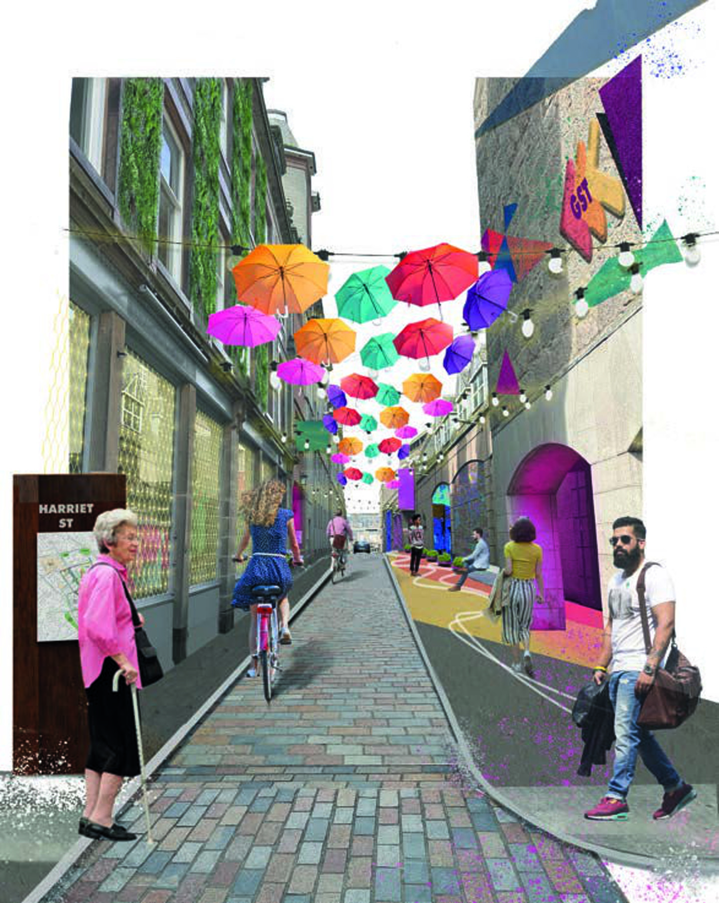 Strings of lights could brighten up Harriet Street, which would be revamped to make a single, wider pavement on its eastern side. The road is a key route north of the city centre into the George Street area. Image: Aberdeen City Council