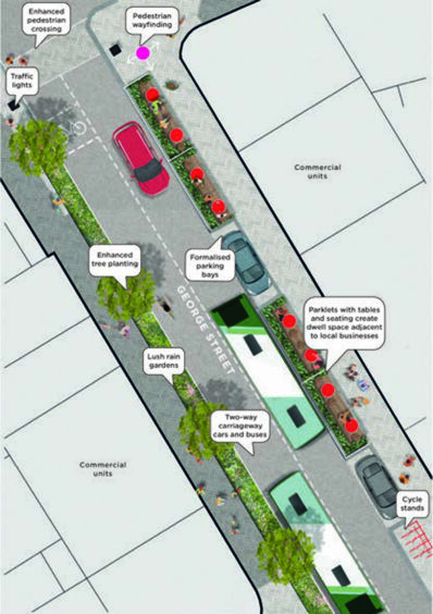 Plans for the Spring Garden to John Street strip of George Street could bring about bus-only travel northwards. Private care traffic would be allowed to use the southbound lane in the revamped street. Image: Aberdeen City Council
