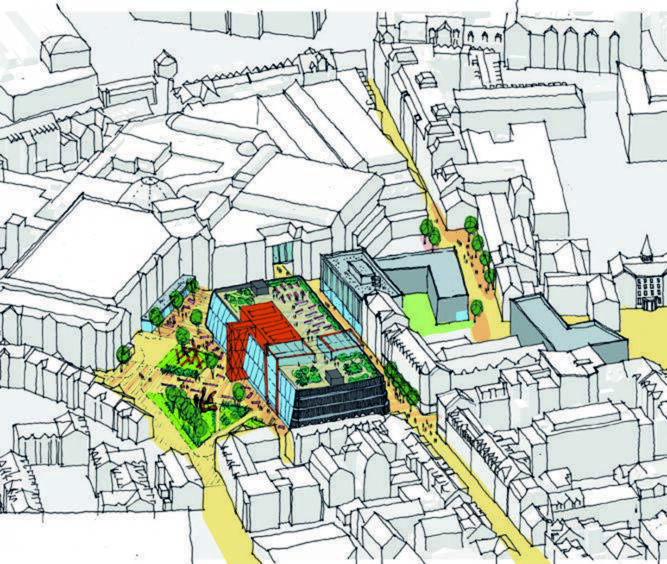 City planners put forward two visions for the surroundings of Norco House in George Street. This is what could happen if the new owners demolish the 1980s extension: with space for a new mini park - Norco Place - near Berry Street and a roof terrace. Image: Aberdeen City Council