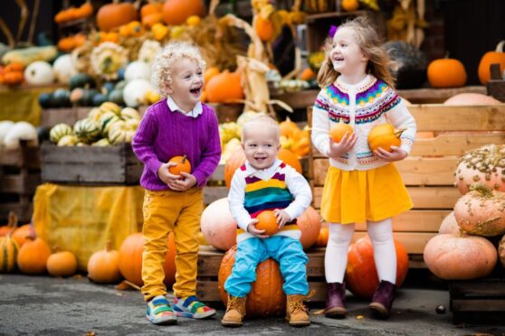 Three smiling and laughing children at a pumpkin patch.