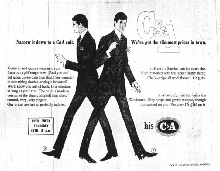 Advert printed in 1967 P&J newspaper about suits from clothing outlet C&A.