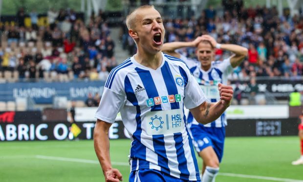 Topi Keskinen of HJK celebrates scoring against Molde FK
