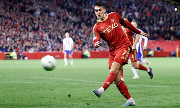 Jamie McGrath shoots at goal during the Europa Conference League match between Aberdeen and HJK Helsinki at Pittodrie Stadium on October 5. Image: Shutterstock.