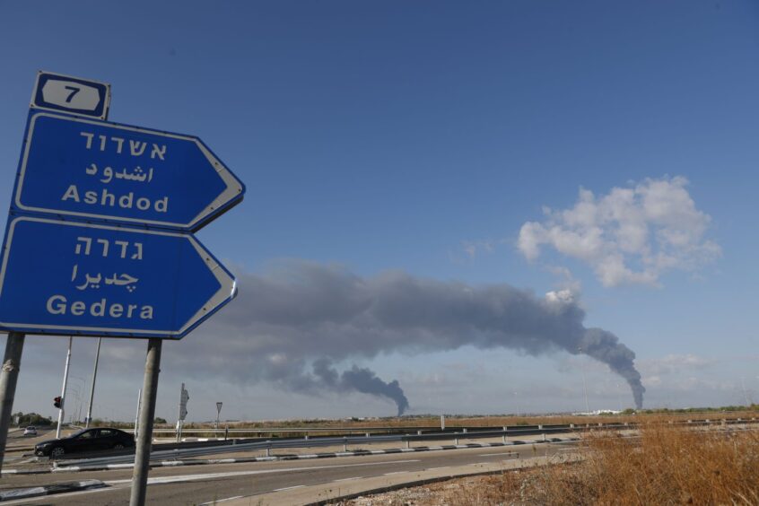 Smoke rising from the direction of the Israeli cities of Ashdod and Gedera following rocket launches from Gaza. 